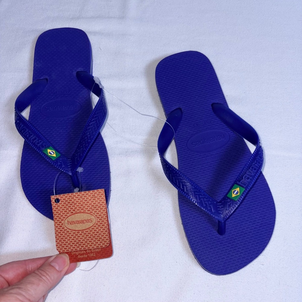 Havaianas Brazil Logo Flip Flops Size 7 / 8 Marine Blue New Flag Sandals beach